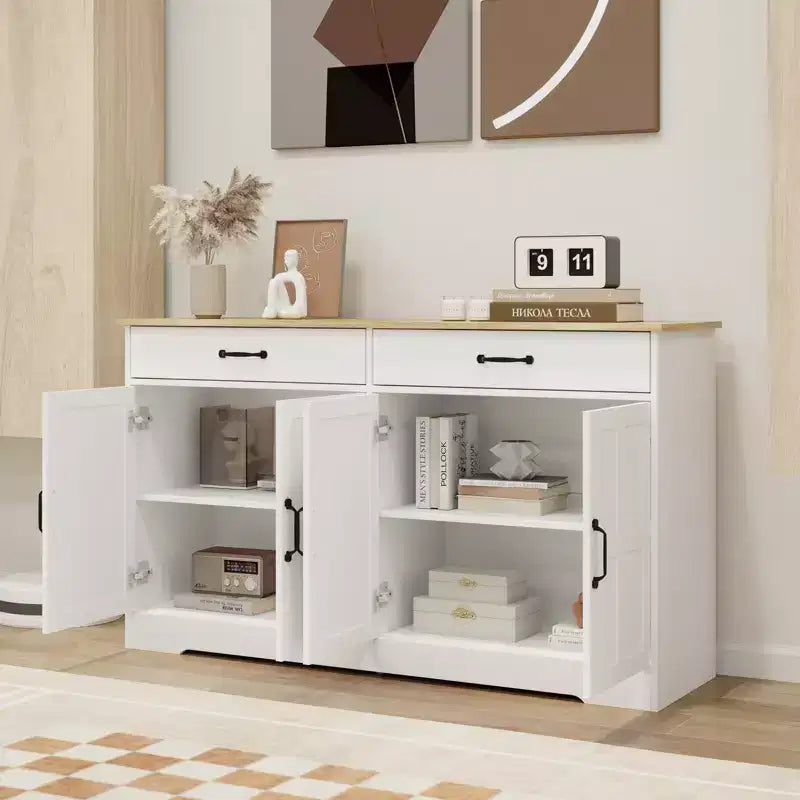 Farmhouse Sideboard Buffet Cabinet, Modern Storage Cabinet With 2 Drawers And 4 Doors For Home Kitchen Dining Room Living Room White