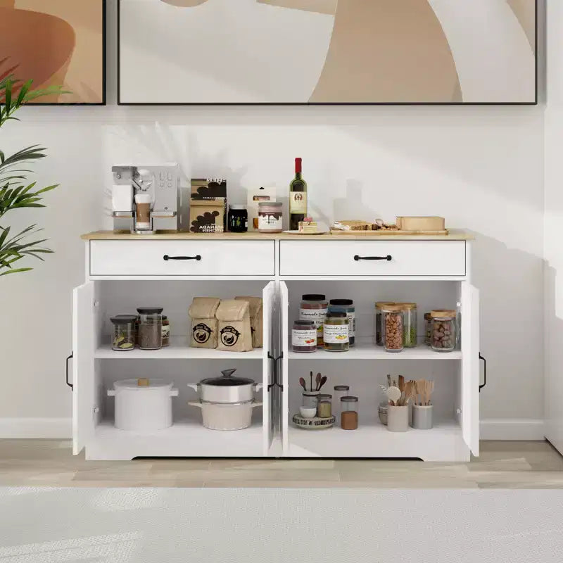 Farmhouse Sideboard Buffet Cabinet, Modern Storage Cabinet With 2 Drawers And 4 Doors For Home Kitchen Dining Room Living Room White