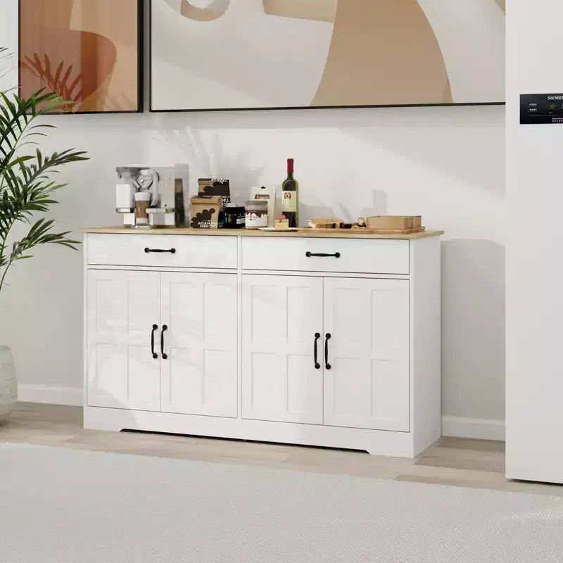 Farmhouse Sideboard Buffet Cabinet, Modern Storage Cabinet With 2 Drawers And 4 Doors For Home Kitchen Dining Room Living Room White