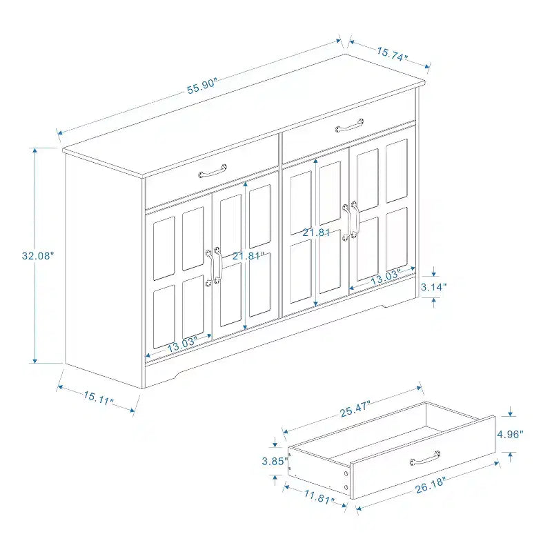 Farmhouse Sideboard Buffet Cabinet, Modern Storage Cabinet With 2 Drawers And 4 Doors For Home Kitchen Dining Room Living Room White