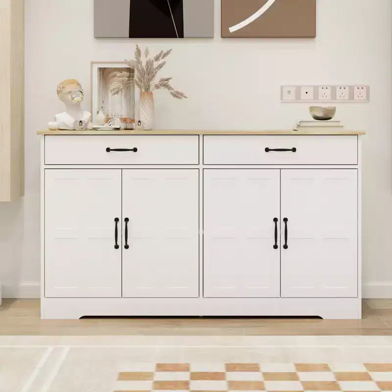 Farmhouse Sideboard Buffet Cabinet, Modern Storage Cabinet With 2 Drawers And 4 Doors For Home Kitchen Dining Room Living Room White