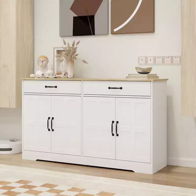 Farmhouse Sideboard Buffet Cabinet, Modern Storage Cabinet With 2 Drawers And 4 Doors For Home Kitchen Dining Room Living Room White