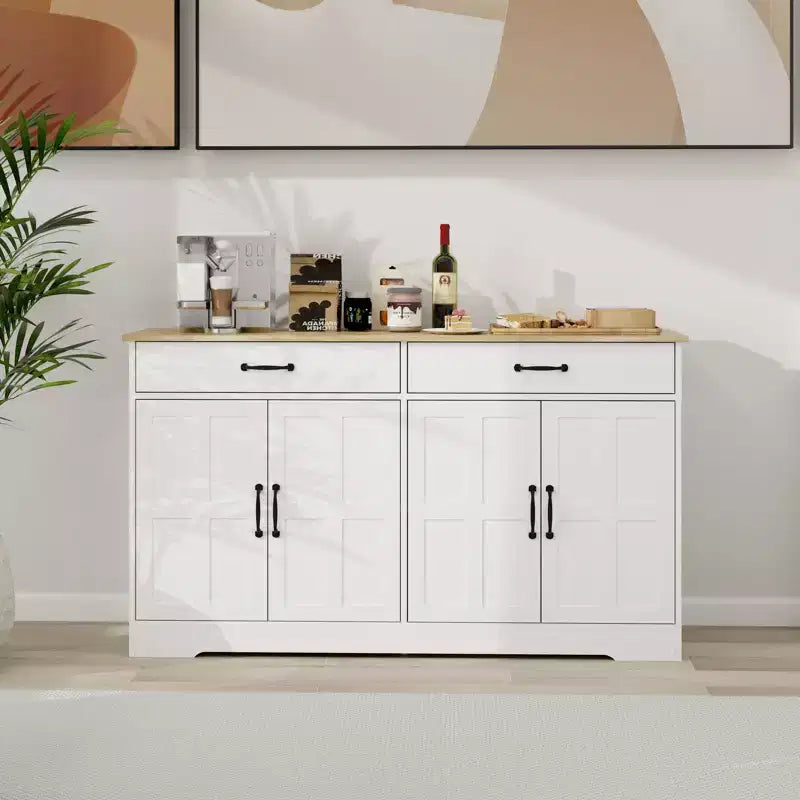 Farmhouse Sideboard Buffet Cabinet, Modern Storage Cabinet With 2 Drawers And 4 Doors For Home Kitchen Dining Room Living Room White
