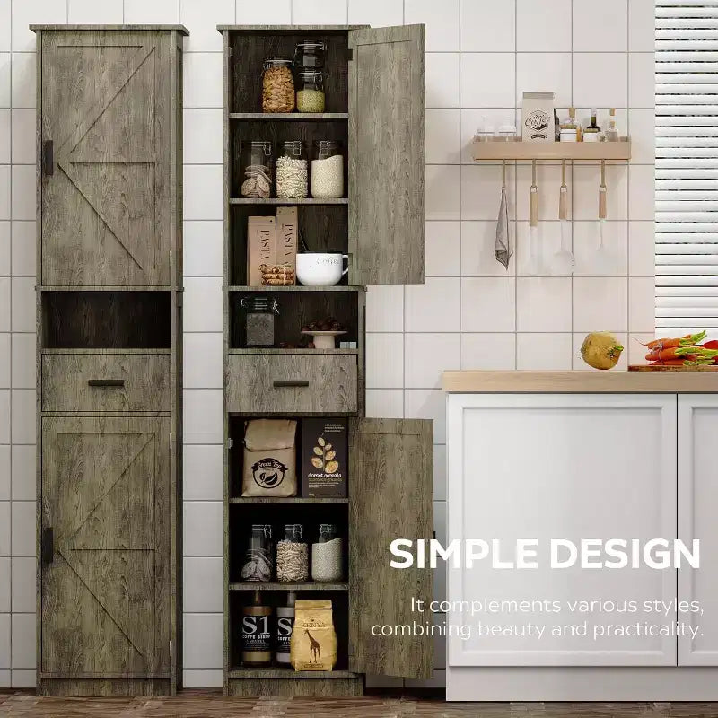 Tall Bathroom Storage Cabinet with 2 Barn Doors and 1 Drawer, Narrow Bathroom Cabinet with Adjustable ShelvesTall Bathroom Cabinet Vintage