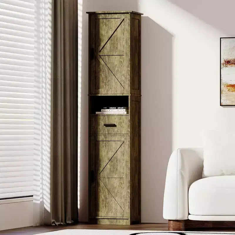 Tall Bathroom Storage Cabinet with 2 Barn Doors and 1 Drawer, Narrow Bathroom Cabinet with Adjustable ShelvesTall Bathroom Cabinet Vintage