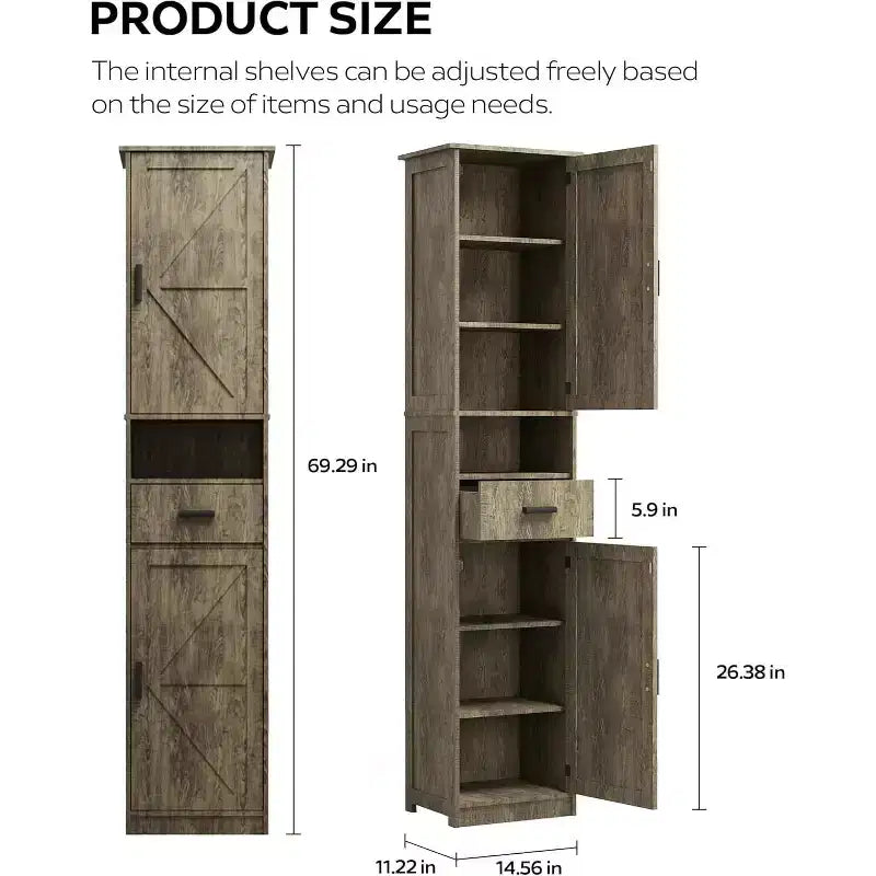Tall Bathroom Storage Cabinet with 2 Barn Doors and 1 Drawer, Narrow Bathroom Cabinet with Adjustable ShelvesTall Bathroom Cabinet Vintage