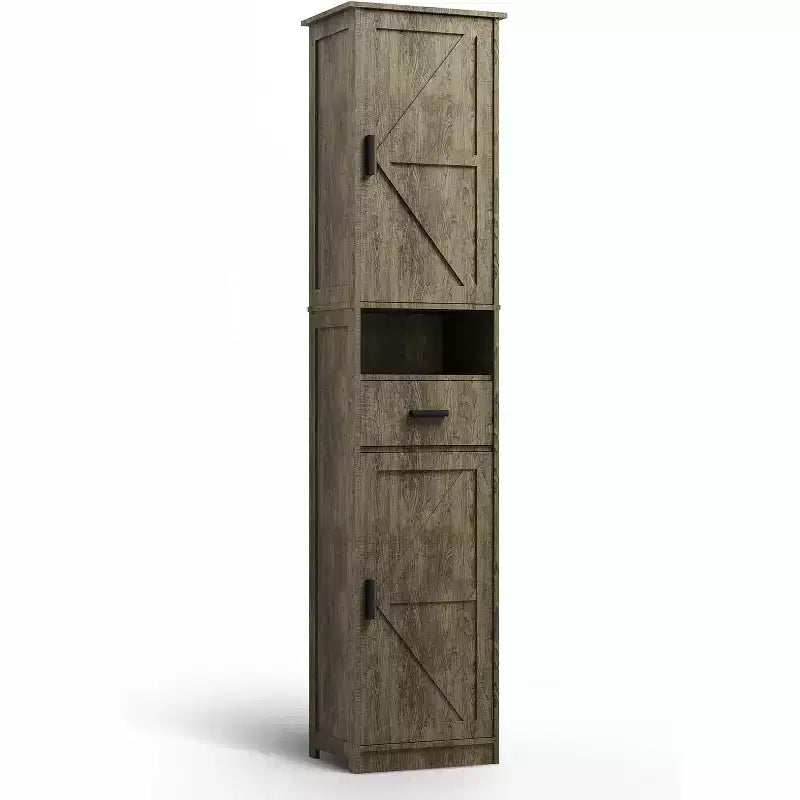 Tall Bathroom Storage Cabinet with 2 Barn Doors and 1 Drawer, Narrow Bathroom Cabinet with Adjustable ShelvesTall Bathroom Cabinet Vintage