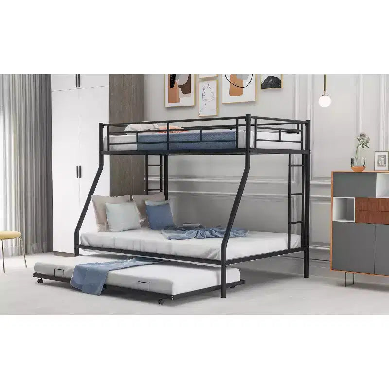 Bellemave Twin Over Full Bunk Bed with Pull-Out Twin Trundle, Sturdy Steel Frame, Two-Side Ladders, Guardrails, Space-Saving Design