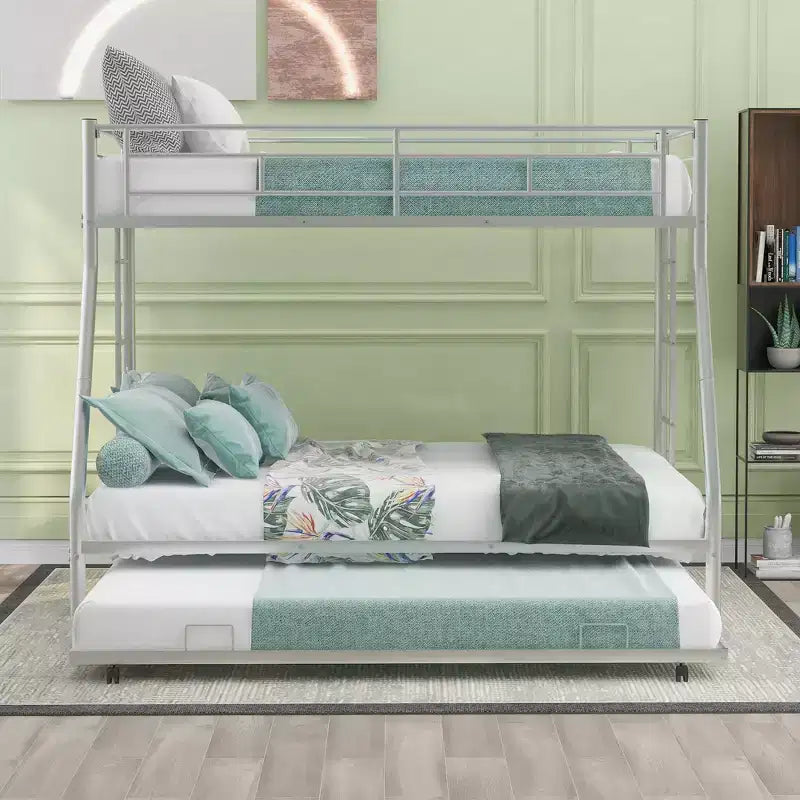 Bellemave Twin Over Full Bunk Bed with Pull-Out Twin Trundle, Sturdy Steel Frame, Two-Side Ladders, Guardrails, Space-Saving Design