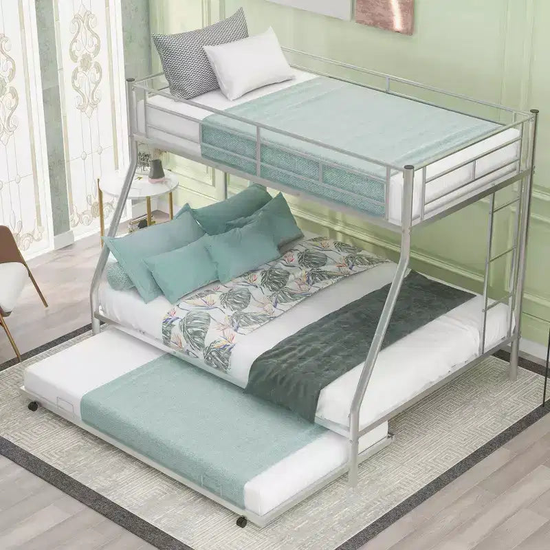 Bellemave Twin Over Full Bunk Bed with Pull-Out Twin Trundle, Sturdy Steel Frame, Two-Side Ladders, Guardrails, Space-Saving Design
