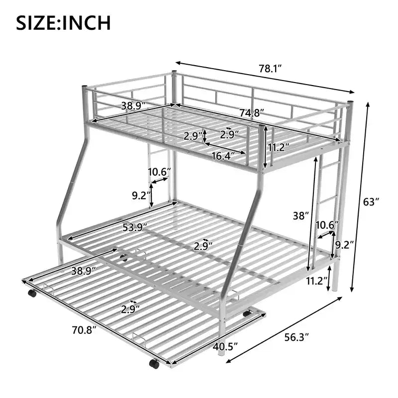 Bellemave Twin Over Full Bunk Bed with Pull-Out Twin Trundle, Sturdy Steel Frame, Two-Side Ladders, Guardrails, Space-Saving Design