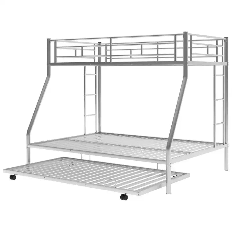Bellemave Twin Over Full Bunk Bed with Pull-Out Twin Trundle, Sturdy Steel Frame, Two-Side Ladders, Guardrails, Space-Saving Design