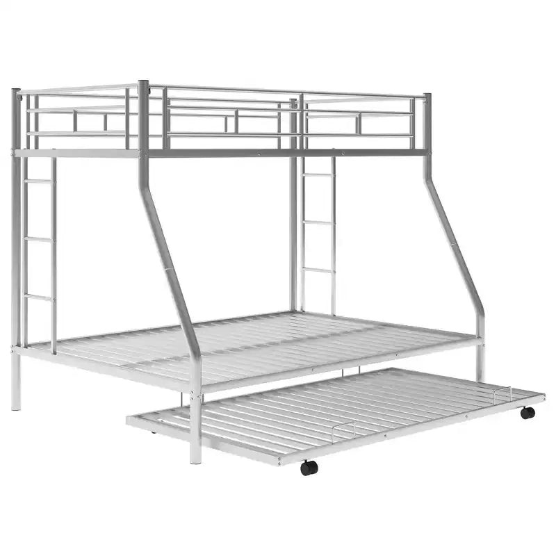 Bellemave Twin Over Full Bunk Bed with Pull-Out Twin Trundle, Sturdy Steel Frame, Two-Side Ladders, Guardrails, Space-Saving Design