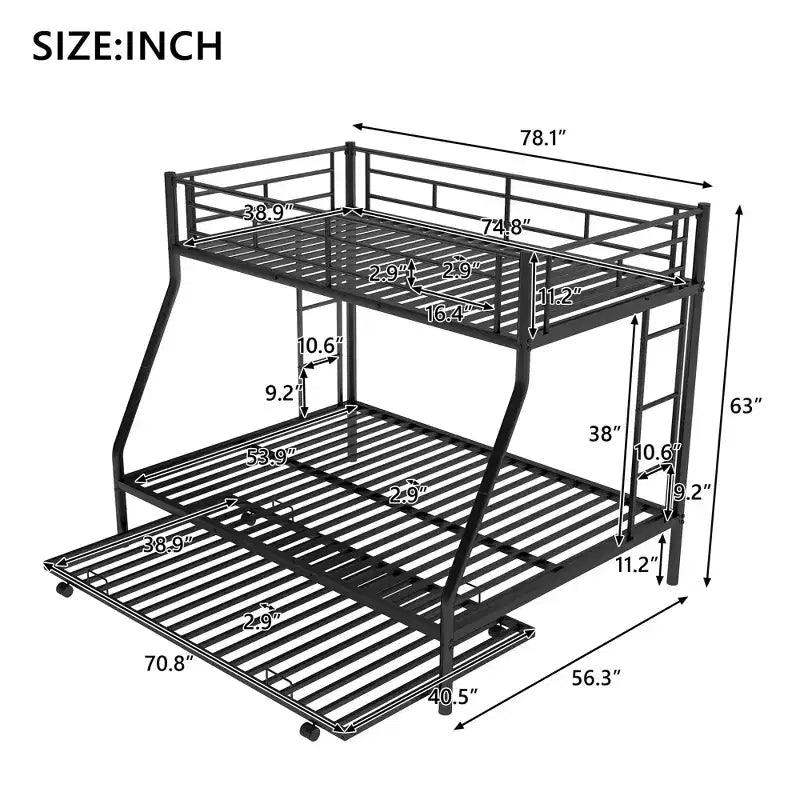 Bellemave Twin Over Full Bunk Bed with Pull-Out Twin Trundle, Sturdy Steel Frame, Two-Side Ladders, Guardrails, Space-Saving Design