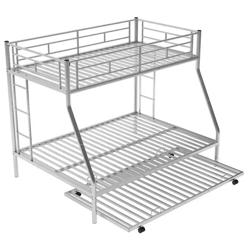 Bellemave Twin Over Full Bunk Bed with Pull-Out Twin Trundle, Sturdy Steel Frame, Two-Side Ladders, Guardrails, Space-Saving Design