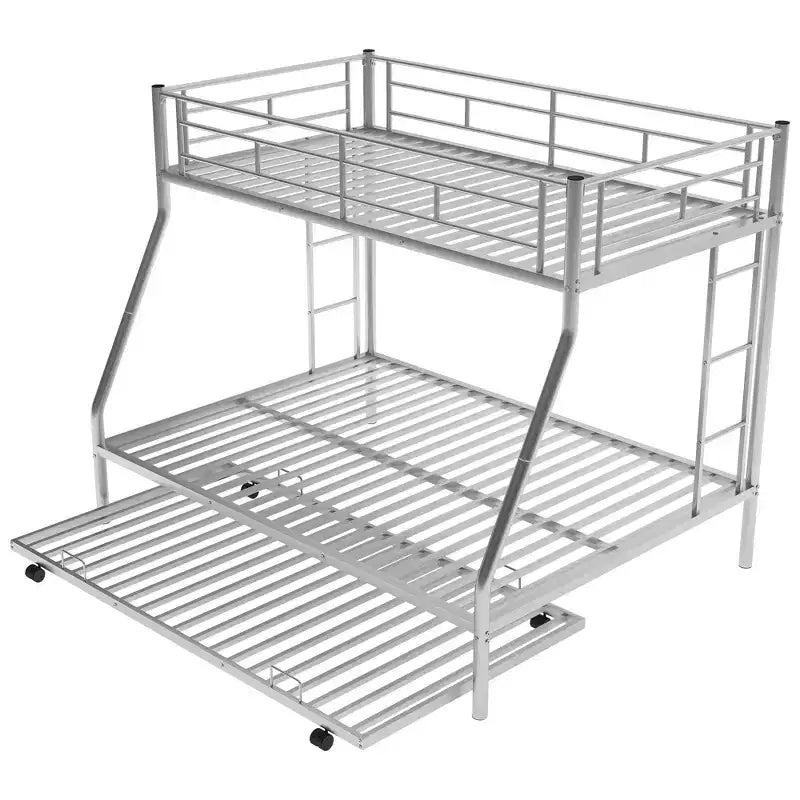 Bellemave Twin Over Full Bunk Bed with Pull-Out Twin Trundle, Sturdy Steel Frame, Two-Side Ladders, Guardrails, Space-Saving Design
