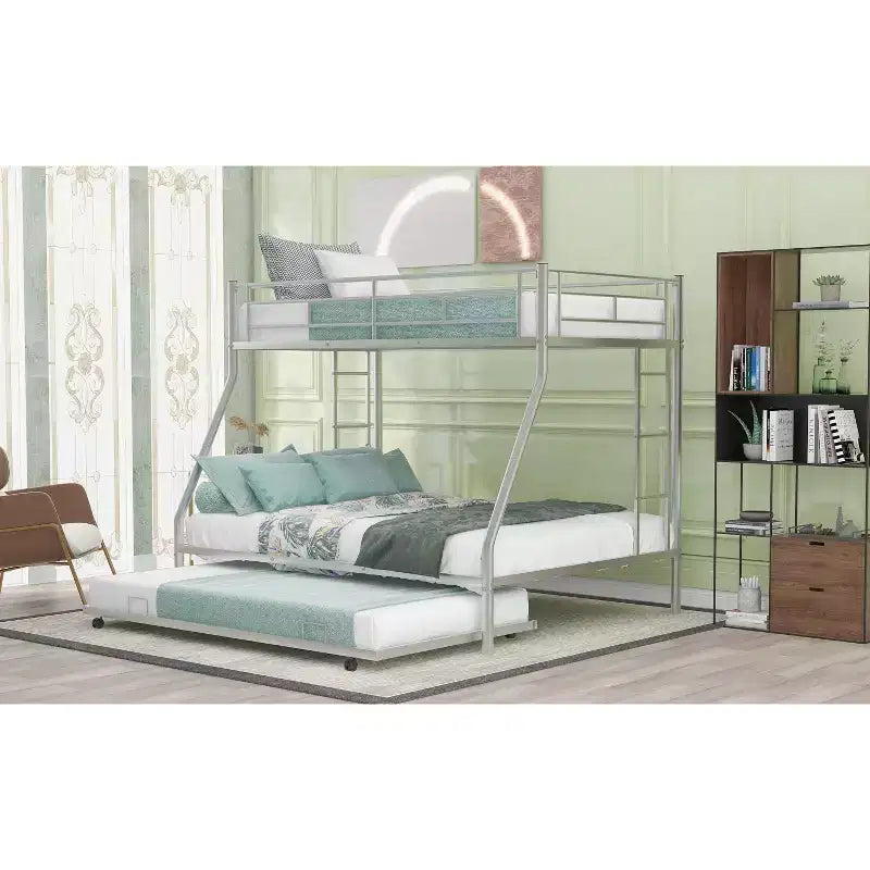 Bellemave Twin Over Full Bunk Bed with Pull-Out Twin Trundle, Sturdy Steel Frame, Two-Side Ladders, Guardrails, Space-Saving Design