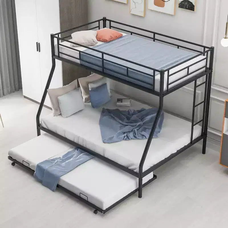Bellemave Twin Over Full Bunk Bed with Pull-Out Twin Trundle, Sturdy Steel Frame, Two-Side Ladders, Guardrails, Space-Saving Design