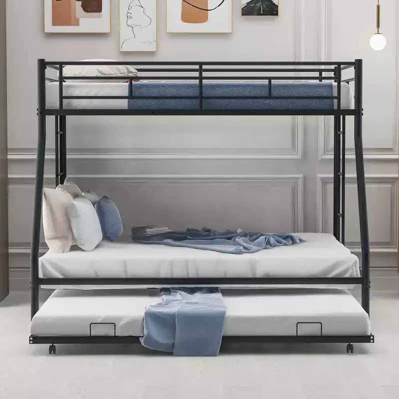 Bellemave Twin Over Full Bunk Bed with Pull-Out Twin Trundle, Sturdy Steel Frame, Two-Side Ladders, Guardrails, Space-Saving Design