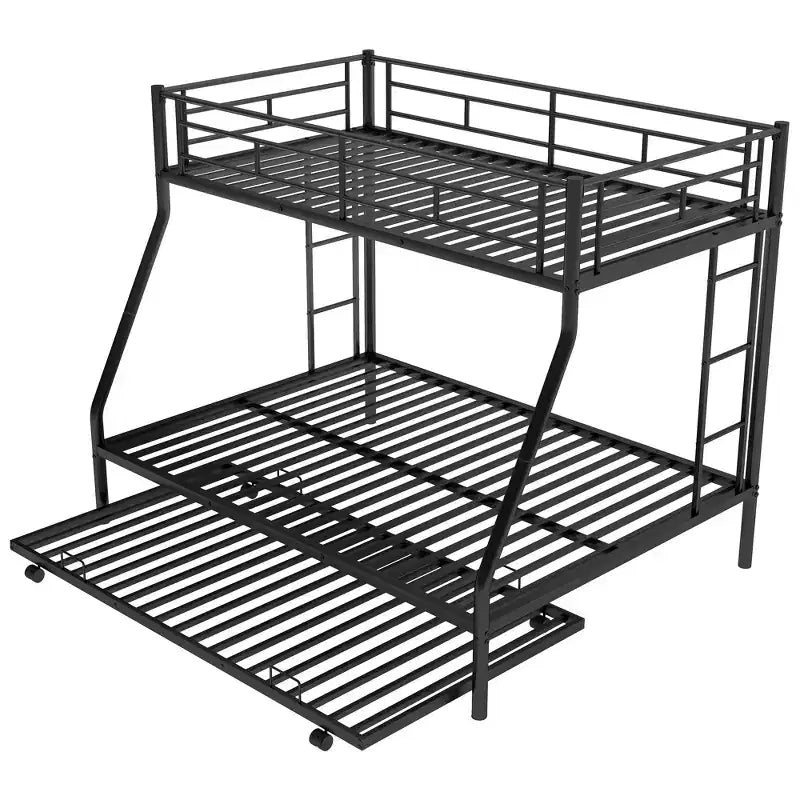Bellemave Twin Over Full Bunk Bed with Pull-Out Twin Trundle, Sturdy Steel Frame, Two-Side Ladders, Guardrails, Space-Saving Design