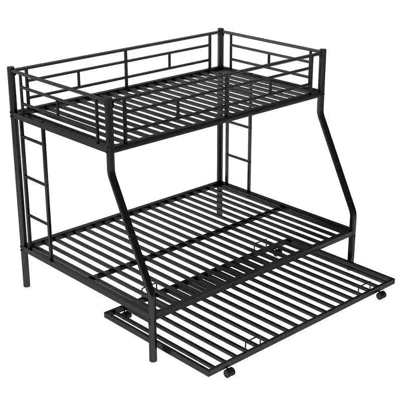 Bellemave Twin Over Full Bunk Bed with Pull-Out Twin Trundle, Sturdy Steel Frame, Two-Side Ladders, Guardrails, Space-Saving Design