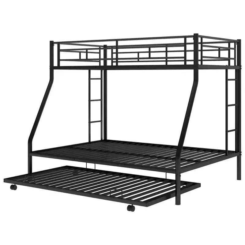 Bellemave Twin Over Full Bunk Bed with Pull-Out Twin Trundle, Sturdy Steel Frame, Two-Side Ladders, Guardrails, Space-Saving Design