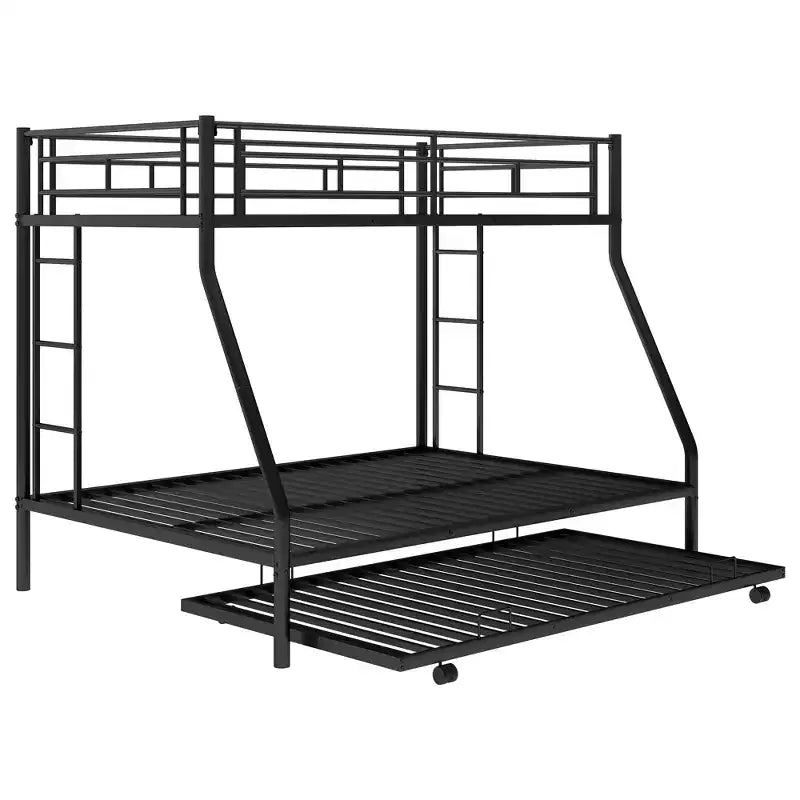 Bellemave Twin Over Full Bunk Bed with Pull-Out Twin Trundle, Sturdy Steel Frame, Two-Side Ladders, Guardrails, Space-Saving Design
