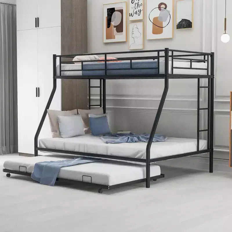 Bellemave Twin Over Full Bunk Bed with Pull-Out Twin Trundle, Sturdy Steel Frame, Two-Side Ladders, Guardrails, Space-Saving Design