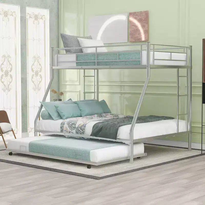 Bellemave Twin Over Full Bunk Bed with Pull-Out Twin Trundle, Sturdy Steel Frame, Two-Side Ladders, Guardrails, Space-Saving Design