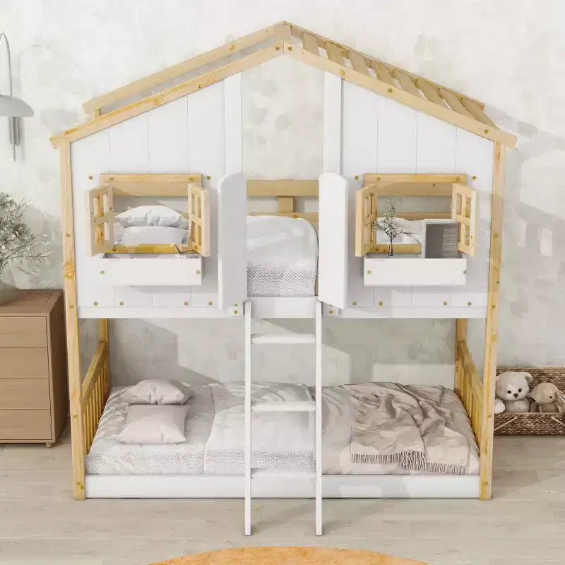GDF Studio Cylon Modern Wooden House Bunk Bed with Roof, Safety Guardrails and Ladder