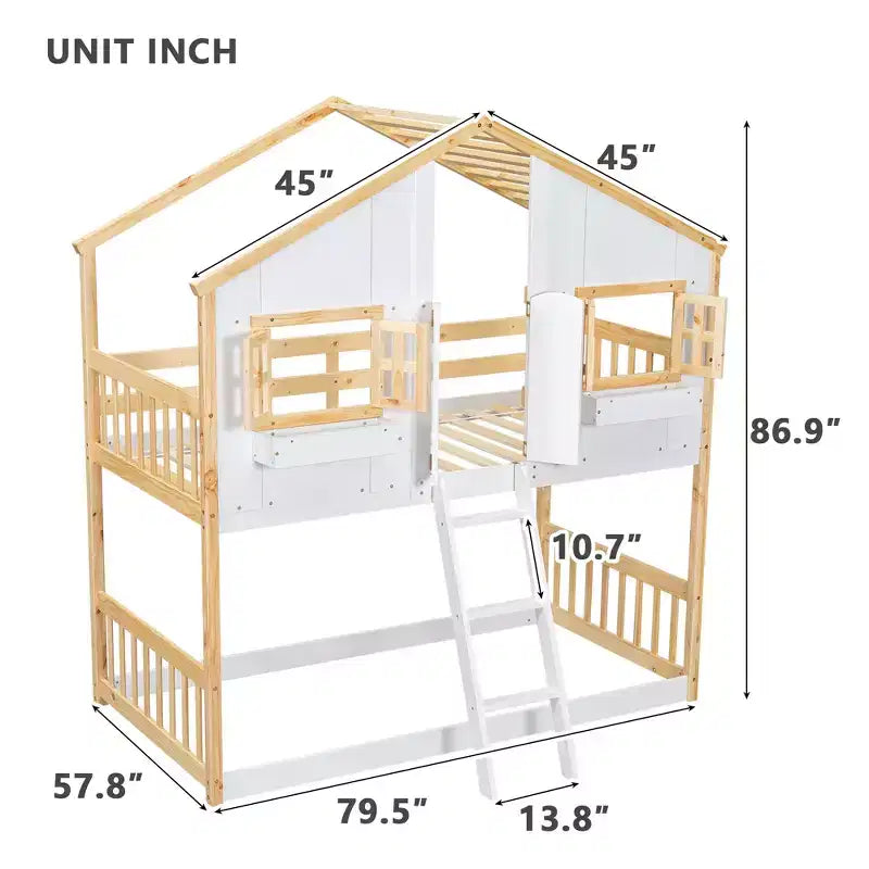 GDF Studio Cylon Modern Wooden House Bunk Bed with Roof, Safety Guardrails and Ladder