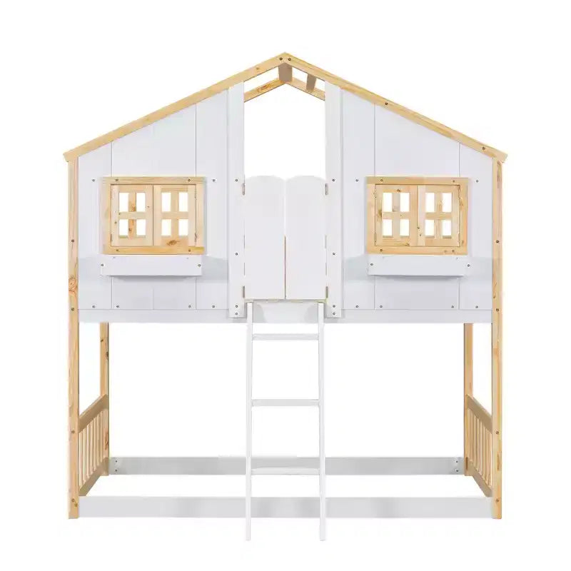 GDF Studio Cylon Modern Wooden House Bunk Bed with Roof, Safety Guardrails and Ladder
