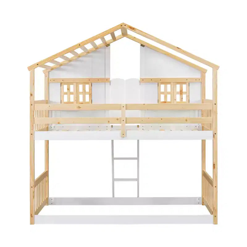 GDF Studio Cylon Modern Wooden House Bunk Bed with Roof, Safety Guardrails and Ladder
