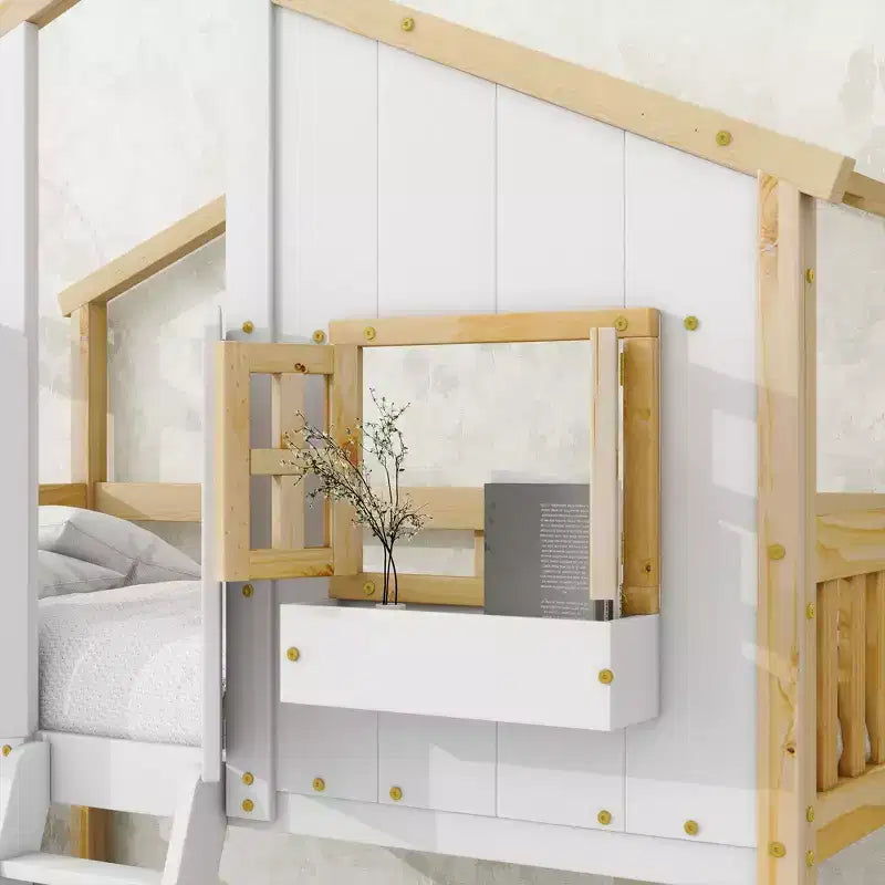 GDF Studio Cylon Modern Wooden House Bunk Bed with Roof, Safety Guardrails and Ladder