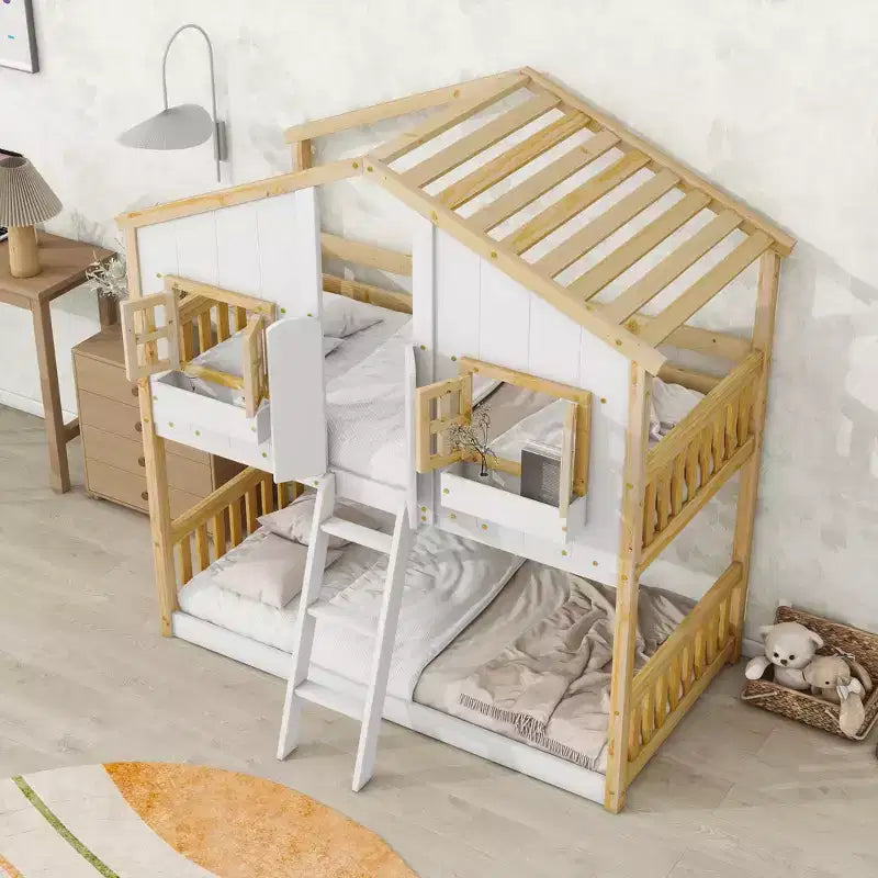 GDF Studio Cylon Modern Wooden House Bunk Bed with Roof, Safety Guardrails and Ladder