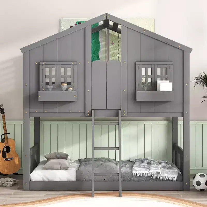 GDF Studio Cylon Modern Wooden House Bunk Bed with Roof, Safety Guardrails and Ladder