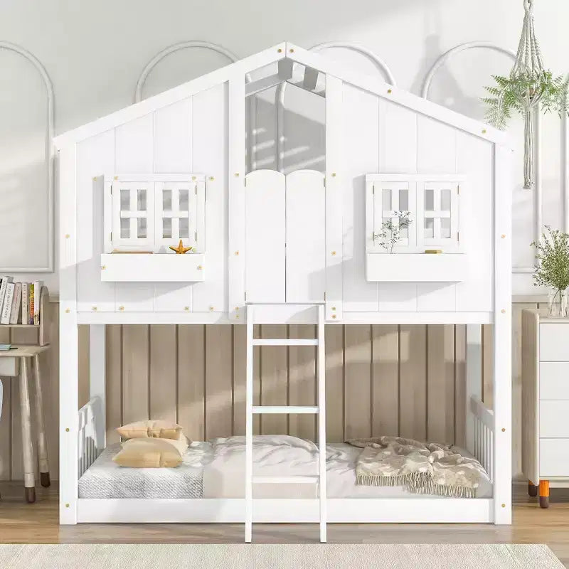 GDF Studio Cylon Modern Wooden House Bunk Bed with Roof, Safety Guardrails and Ladder