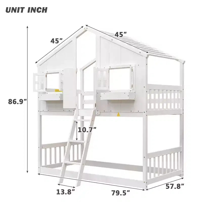 GDF Studio Cylon Modern Wooden House Bunk Bed with Roof, Safety Guardrails and Ladder