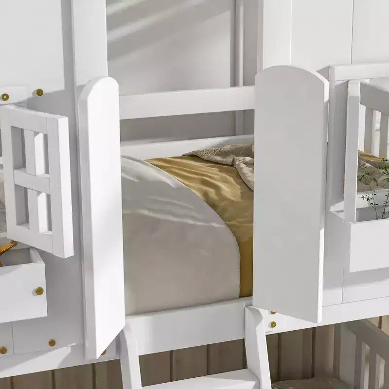 GDF Studio Cylon Modern Wooden House Bunk Bed with Roof, Safety Guardrails and Ladder