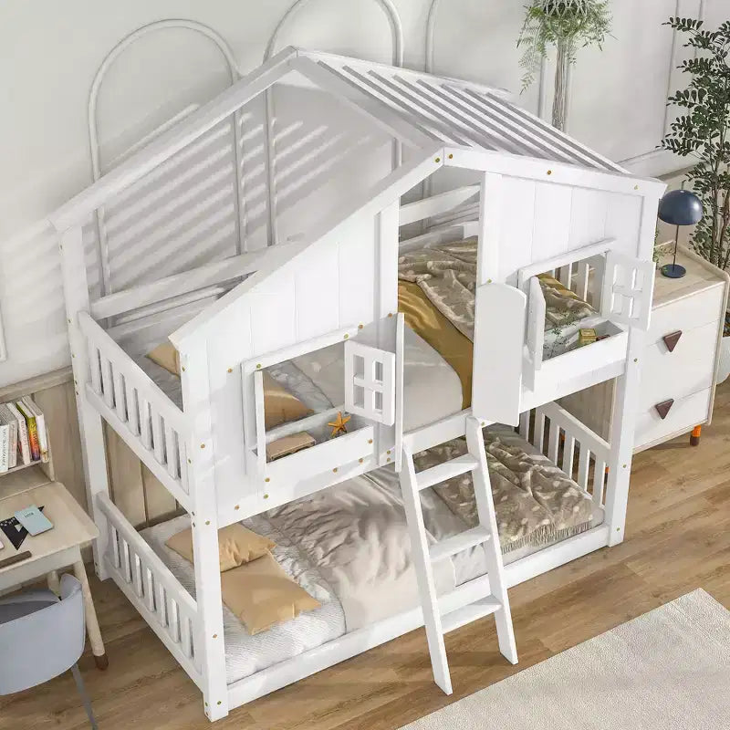 GDF Studio Cylon Modern Wooden House Bunk Bed with Roof, Safety Guardrails and Ladder