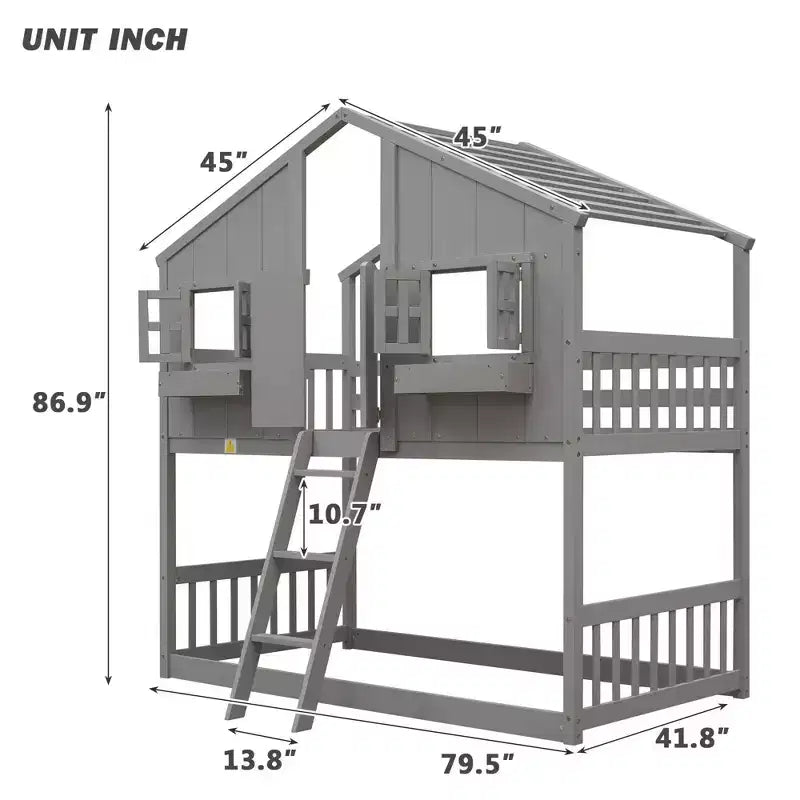 GDF Studio Cylon Modern Wooden House Bunk Bed with Roof, Safety Guardrails and Ladder