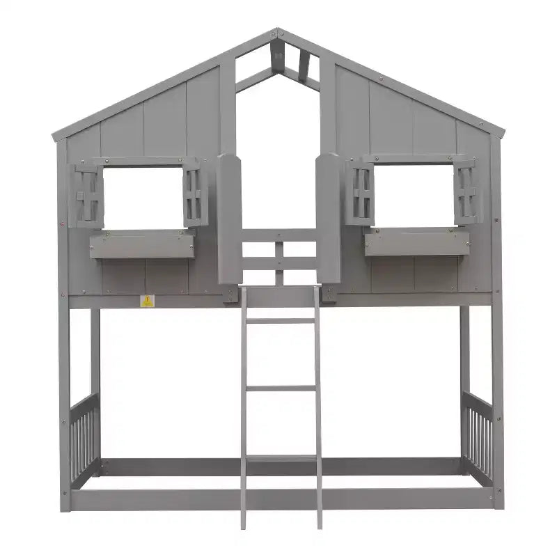 GDF Studio Cylon Modern Wooden House Bunk Bed with Roof, Safety Guardrails and Ladder