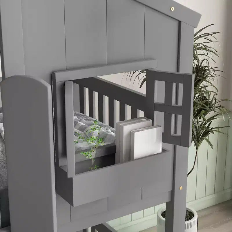 GDF Studio Cylon Modern Wooden House Bunk Bed with Roof, Safety Guardrails and Ladder