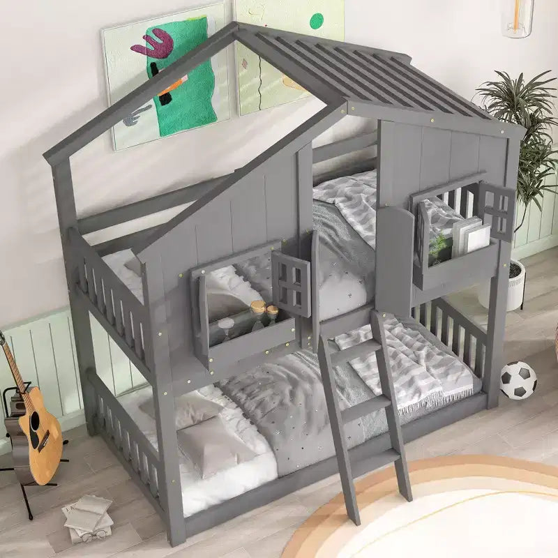 GDF Studio Cylon Modern Wooden House Bunk Bed with Roof, Safety Guardrails and Ladder