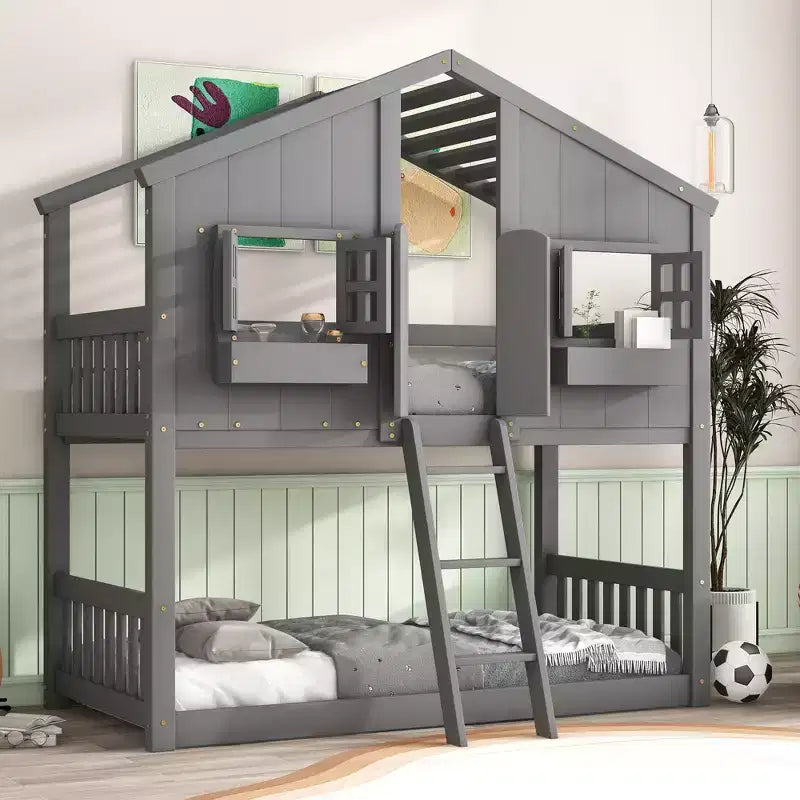 GDF Studio Cylon Modern Wooden House Bunk Bed with Roof, Safety Guardrails and Ladder