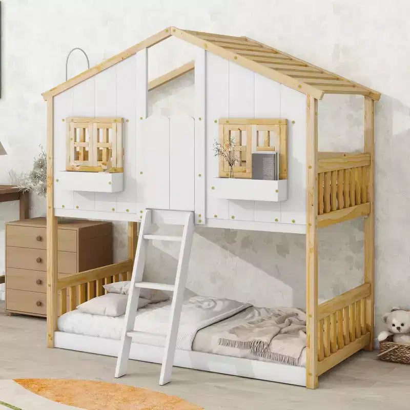 GDF Studio Cylon Modern Wooden House Bunk Bed with Roof, Safety Guardrails and Ladder