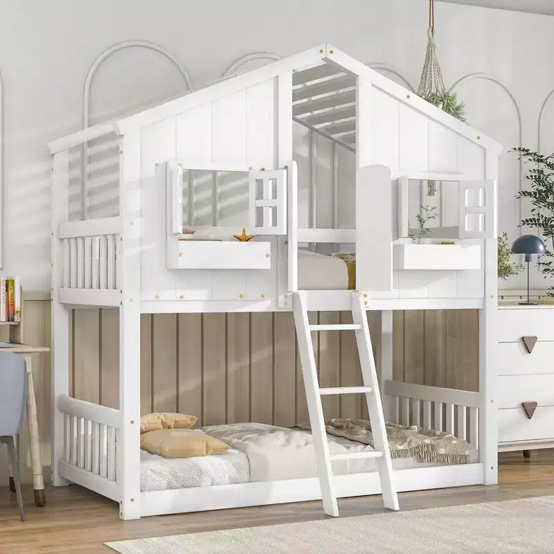 GDF Studio Cylon Modern Wooden House Bunk Bed with Roof, Safety Guardrails and Ladder