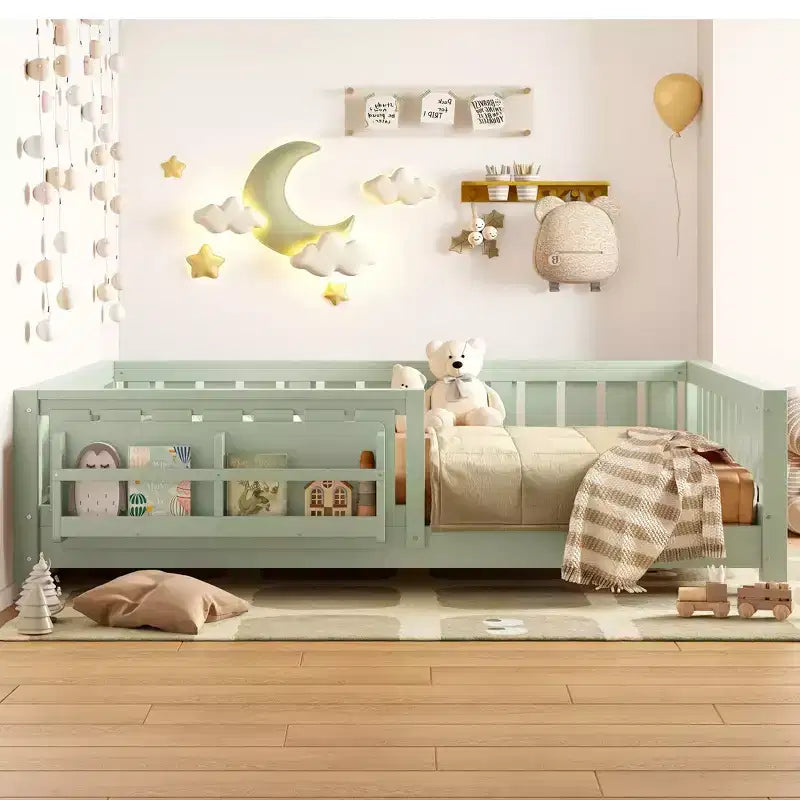 GDFStudio Nirae Modern Full Size Bed with Built-in Bookshelf and Full-Length Guardrail