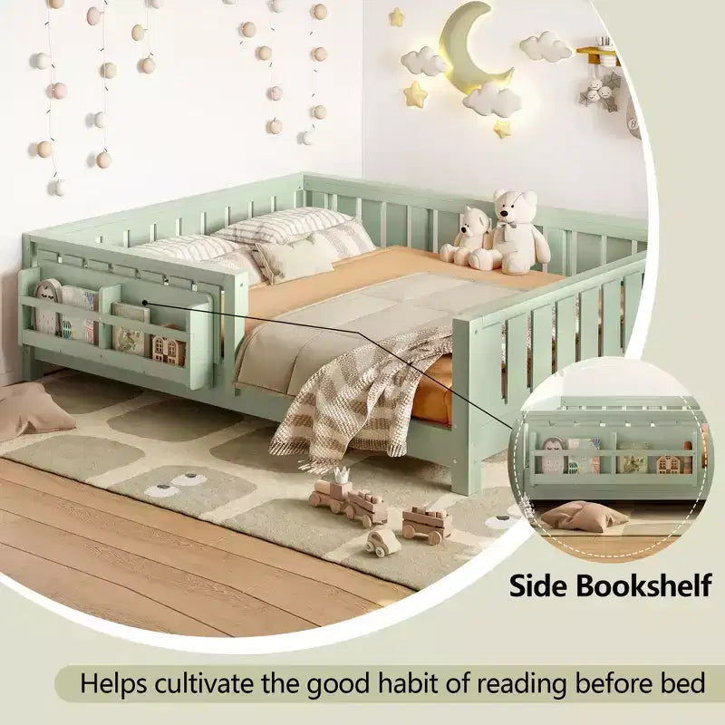 GDFStudio Nirae Modern Full Size Bed with Built-in Bookshelf and Full-Length Guardrail