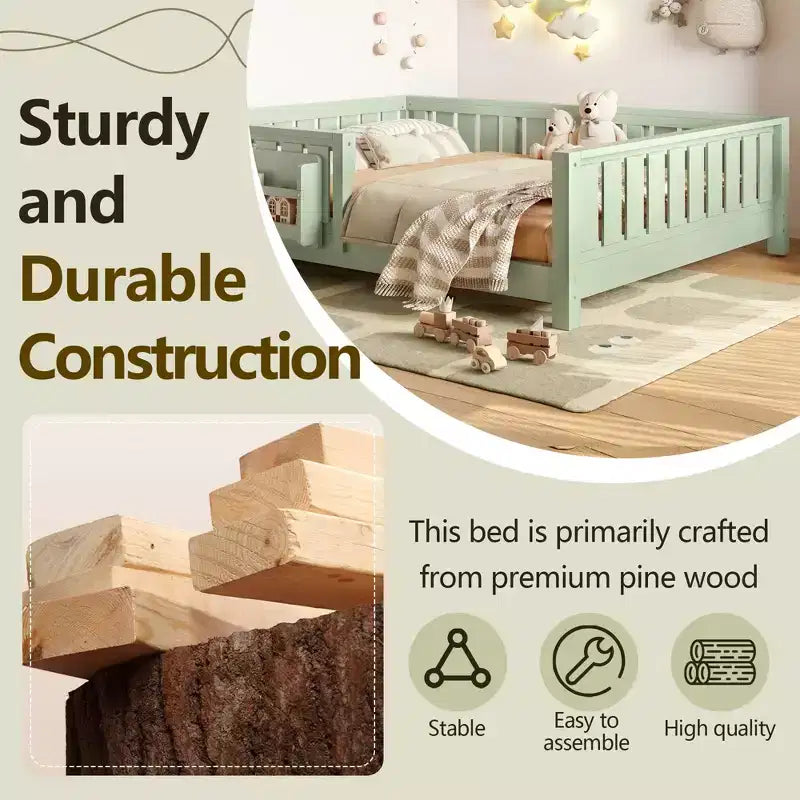 GDFStudio Nirae Modern Full Size Bed with Built-in Bookshelf and Full-Length Guardrail